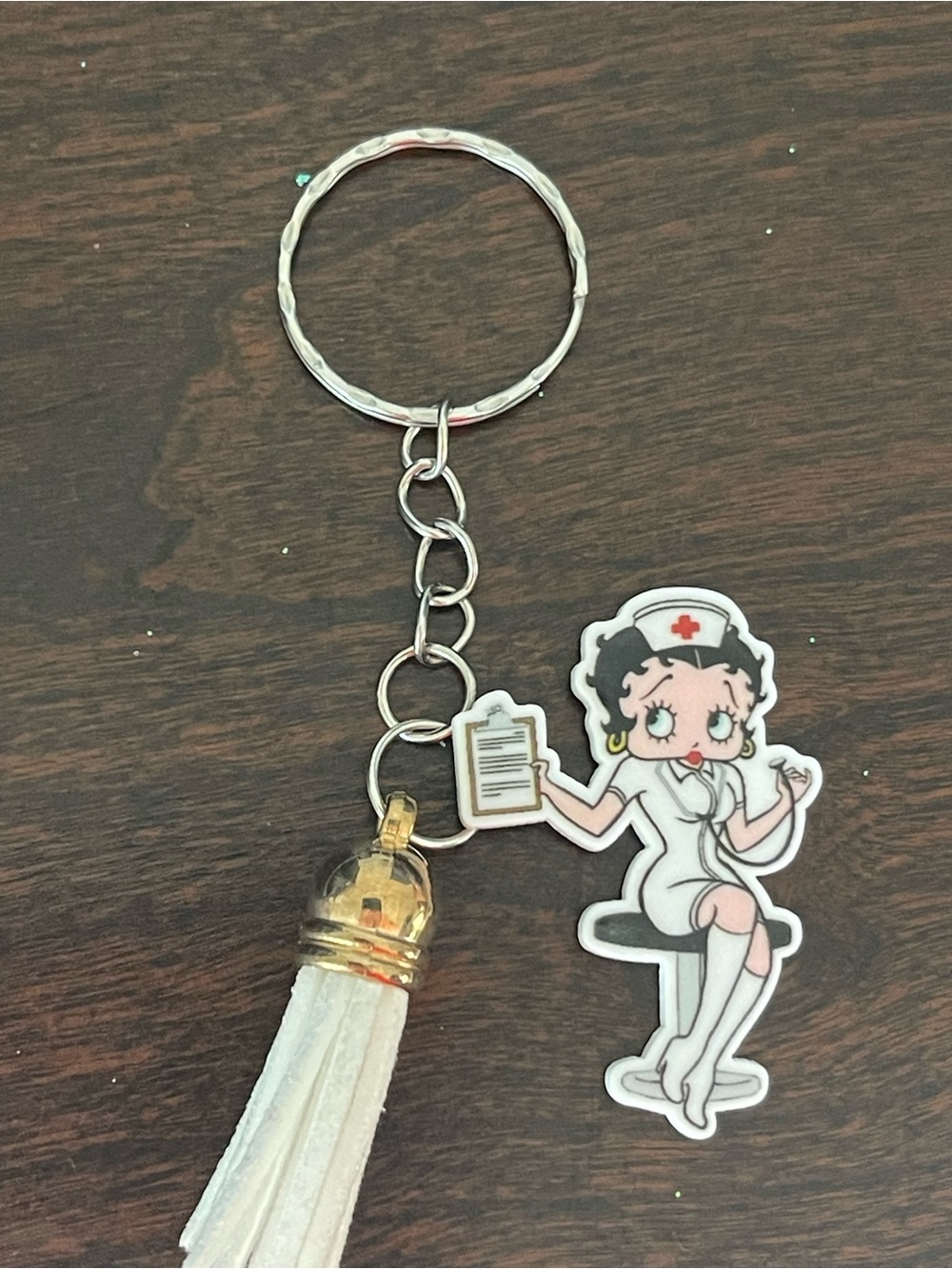 Betty Boop Nurse Keychain with White Tassel - Silver Hardware